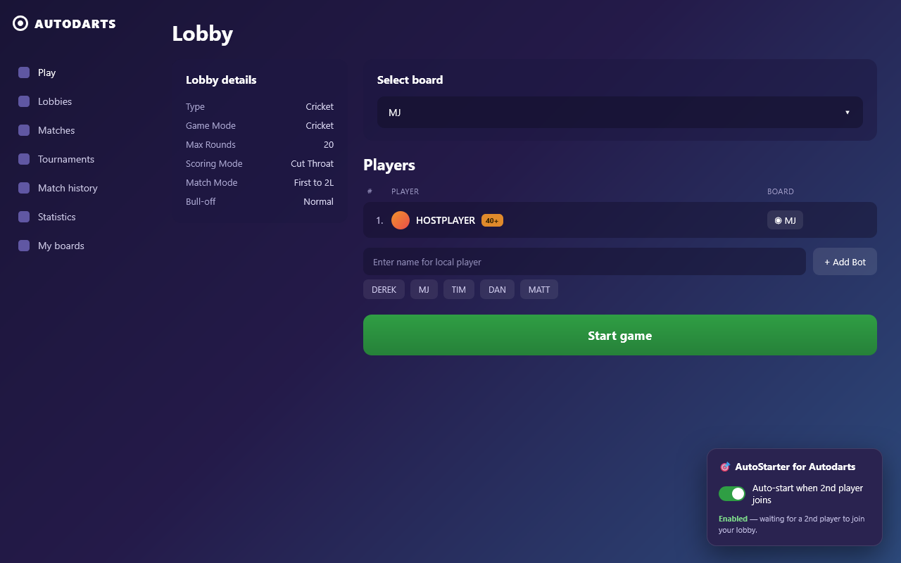 Autodarts lobby with one player, AutoStarter waiting for a second player