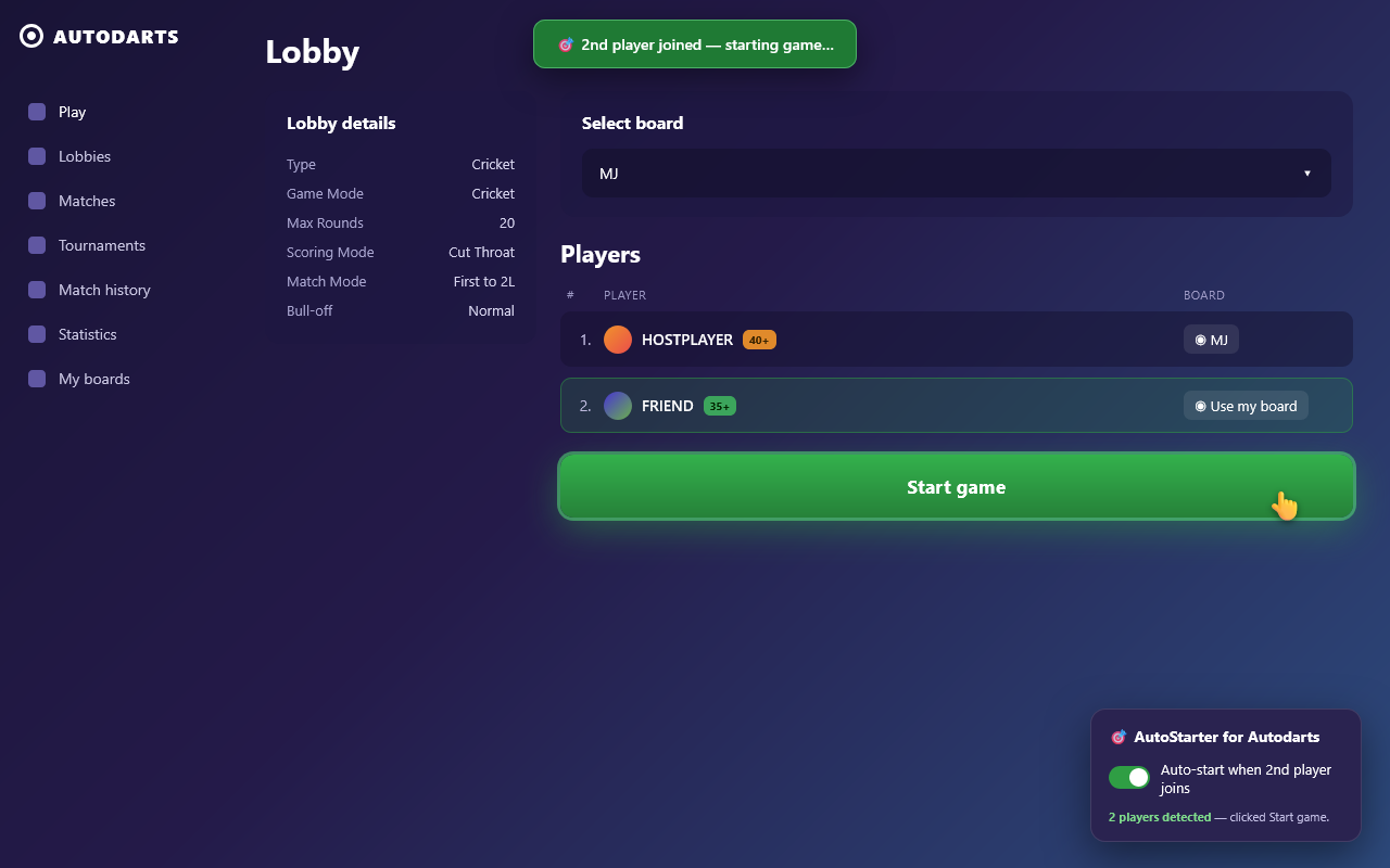 A second player joins and AutoStarter clicks Start game