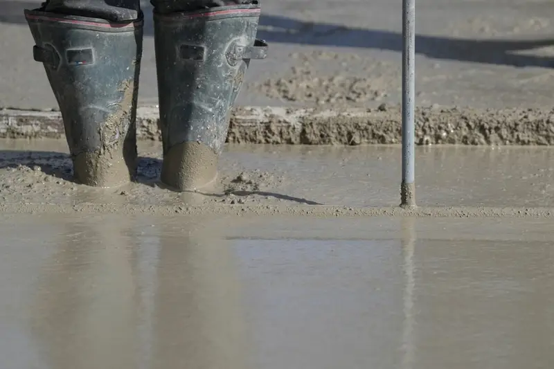 Close-up of a worker's gumboots standing in a freshly poured, still-wet concrete slab.
