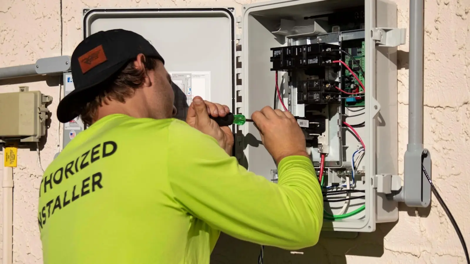 Electrician in a high-vis long-sleeve top using a screwdriver inside an open circuit-breaker enclosure mounted on an outdoor rendered wall.